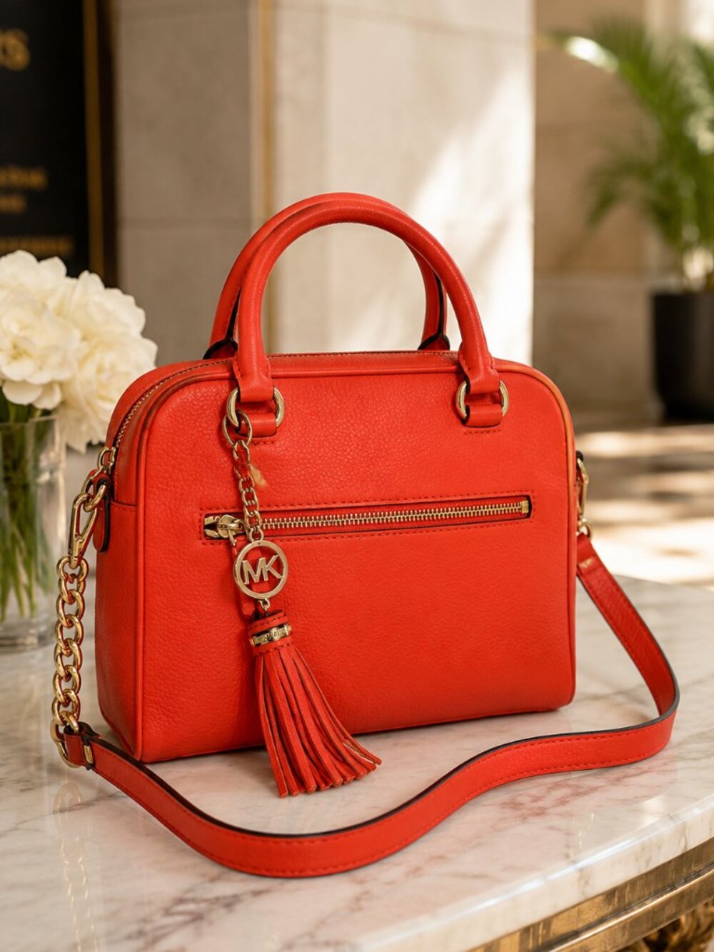 NWT Michael Kors Knox Tassel Medium Leather Satchel Mandarin Coral Crossbody Bag